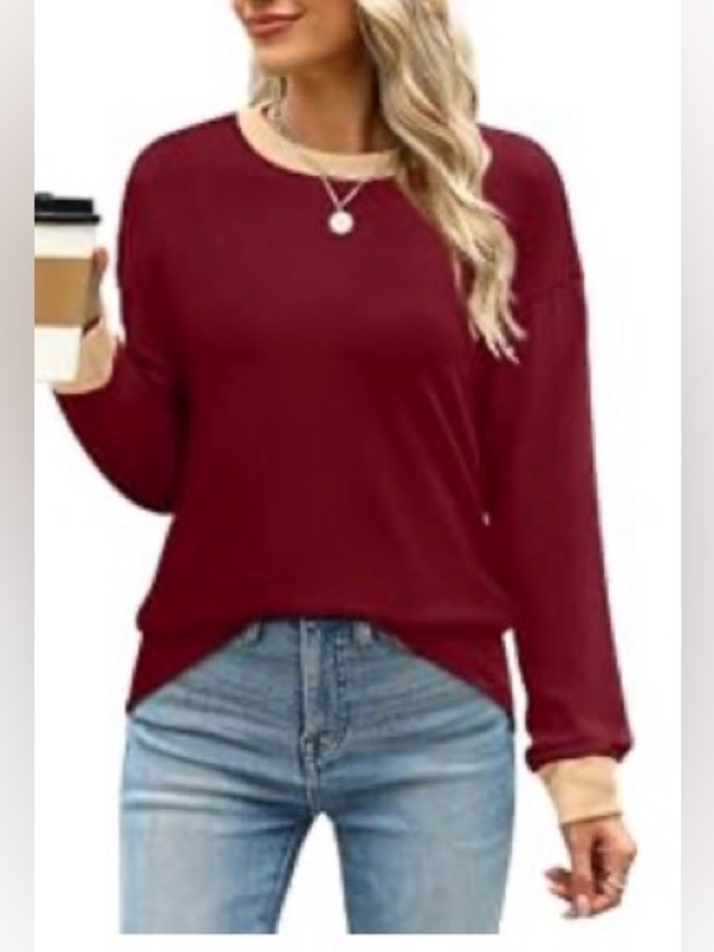 NWT. WIHOLL. Color-block Long Sleeve Tshirt. Maroon/Tan. Size medium.